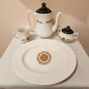 Vintage Ceramic Coffee Set with Creamer, Sugar Bowl, and Serving Platter‎